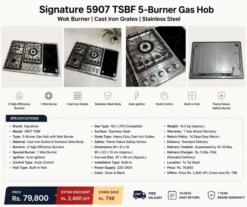 Signature 5907 TSBF 5 Burner Gas Hob with Dual Electric Ceramic Plate | Stainless Steel Built-In Cooker Hob
